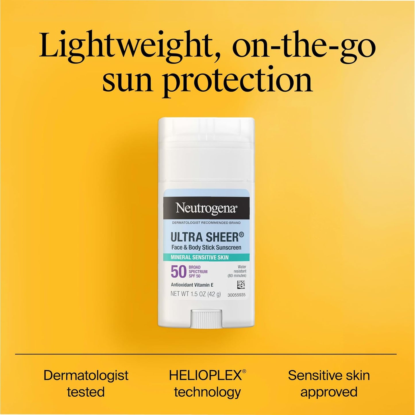 HotNeutrogena Ultra Sheer Dry Touch SPF 50 Mineral Sunscreen Stick for Sensitive Skin, Zinc Oxide, Body & Face Sunscreen with Vitamin E, No White Residue & Vegan, 1.5 oz