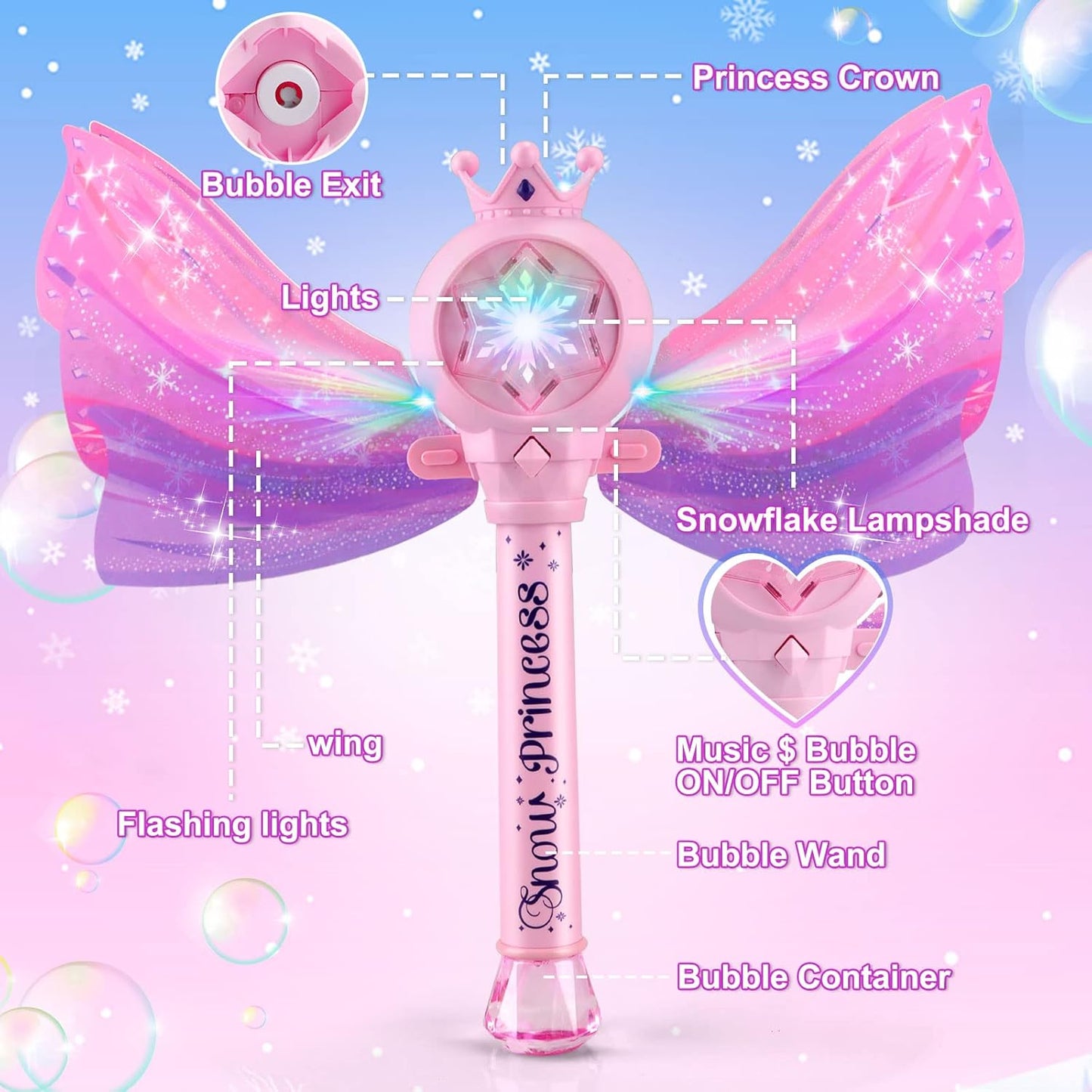 HotBubble Wands for Kids Girls - LED Light & Music Bubble Machine: 3 AA Batteries & 2 Bubble Solutions, Outdoor Party Birthday Toys for Toddlers, Gift for 3 4 5 6 7 8 Year Old Girls