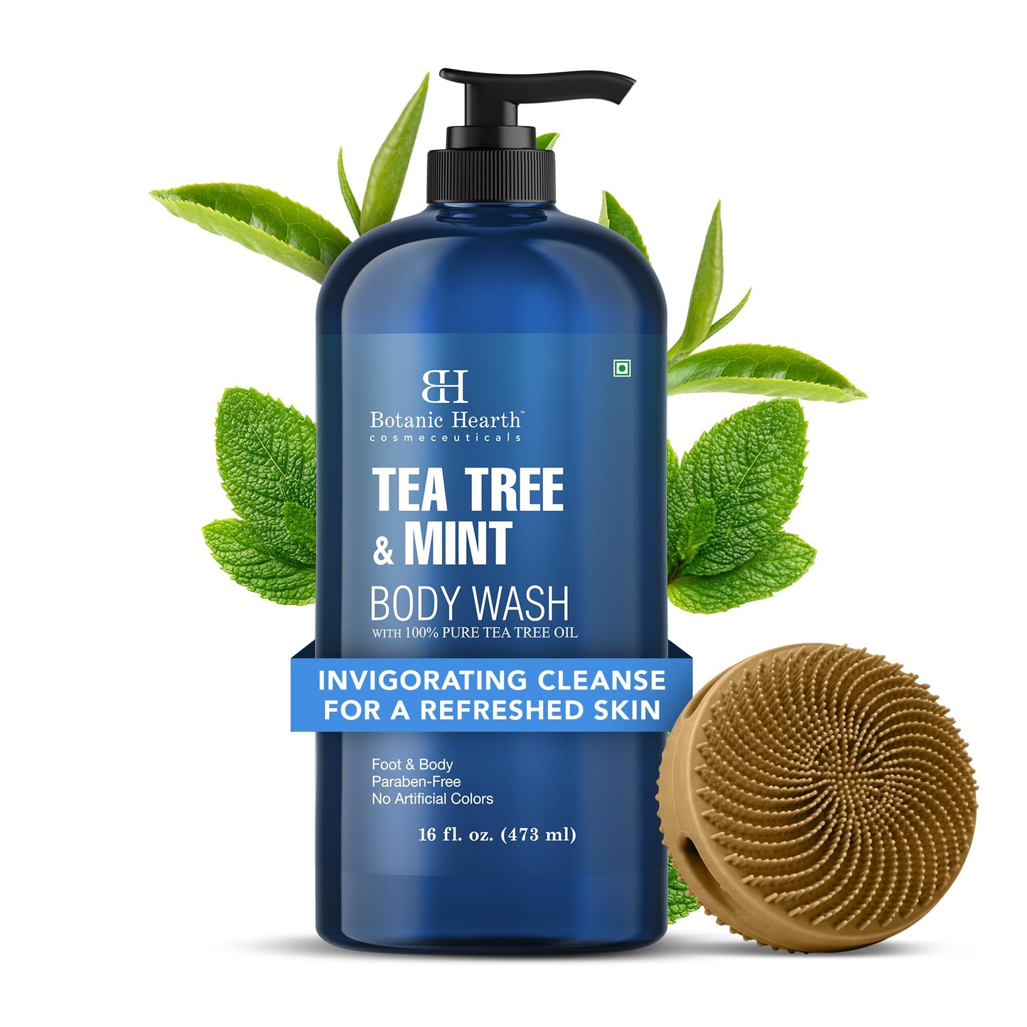 HotBotanic Hearth Tea Tree Body Wash, 16 Fl Oz (473 ml) Pack of 2 | With Tea Tree Oil, Peppermint & Sea Buckthorn | Gently Cleanses, Refreshes & Nourishes Skin | Sulfate & Paraben Free | For Men & Women