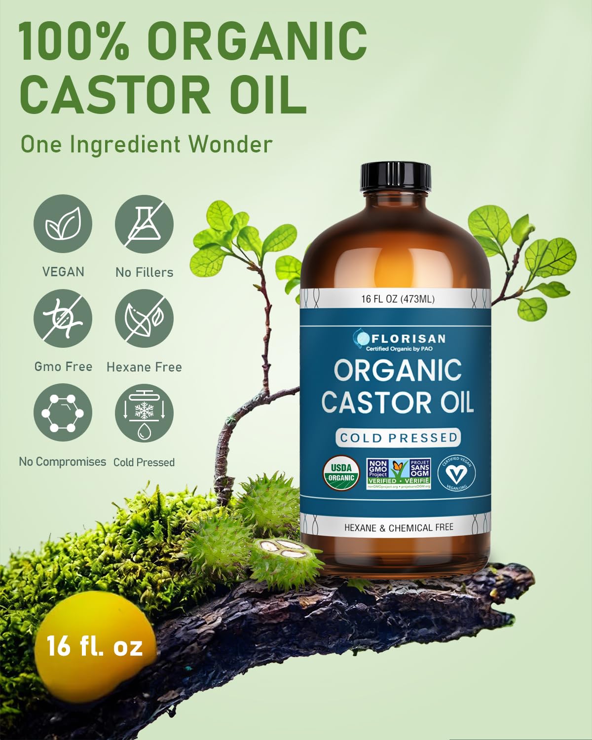 HotFlorisan USDA Certified Organic Castor Oil 16oz Glass Bottle, Cold Pressed, Hexane-Free, Non-GMO, Vegan, 100% Pure Castor Oil for Hair Growth, Skin, Lashes, Eyebrows, EWG Verified