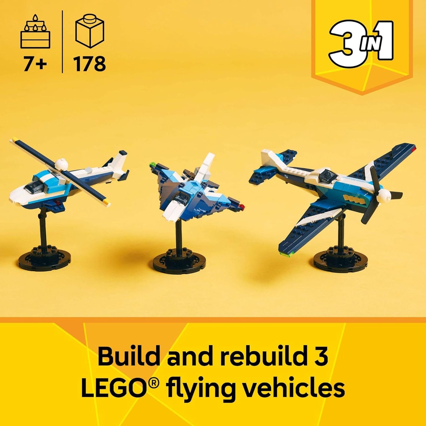 HotLEGO Creator 3 in 1 Aircraft Race Plane Toy - Building Toy with 3 Building Options, Airplane, Fighter Jet, or Helicopter - Gift Idea for Kids, Boys and Girls, Ages 7+ - 31160