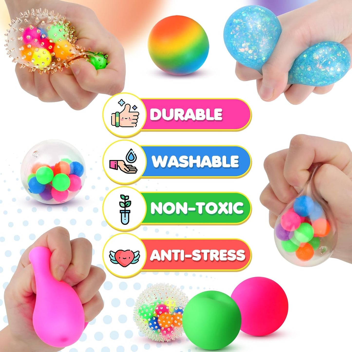 Hot6 Set Squishy Sensory Stress Squeezing Balls for Adults | Sensory Calming Tool to Relieve Nervousness, Vent Mood and Improve Focus, Pull Stretch Fidget for Classroom Prize Box Toys