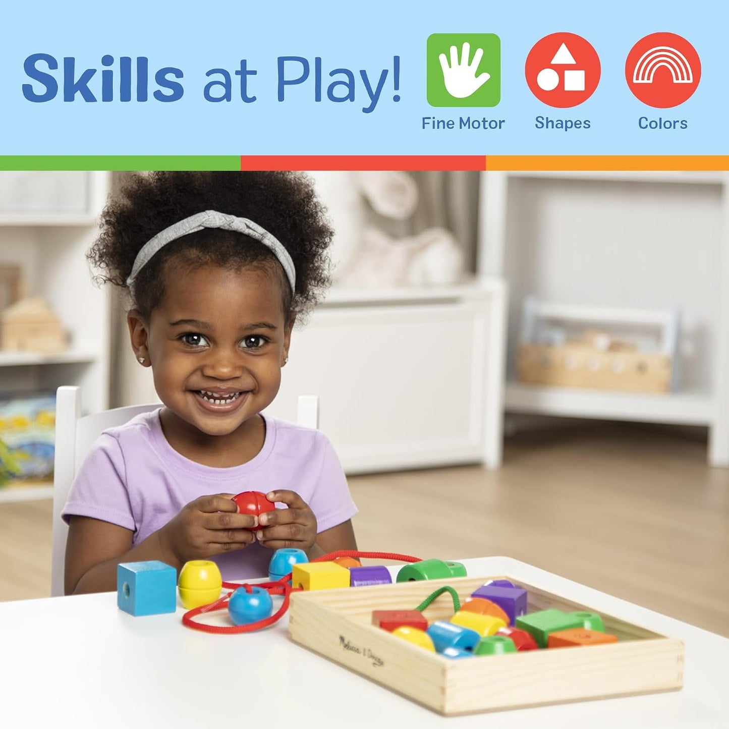 HotMelissa & Doug Primary Lacing Beads - Educational Toy with 30 Wooden Beads and 2 Laces for Toddlers, Fine Motor Skills Lacing Toys for Toddlers and Kids Ages 3+