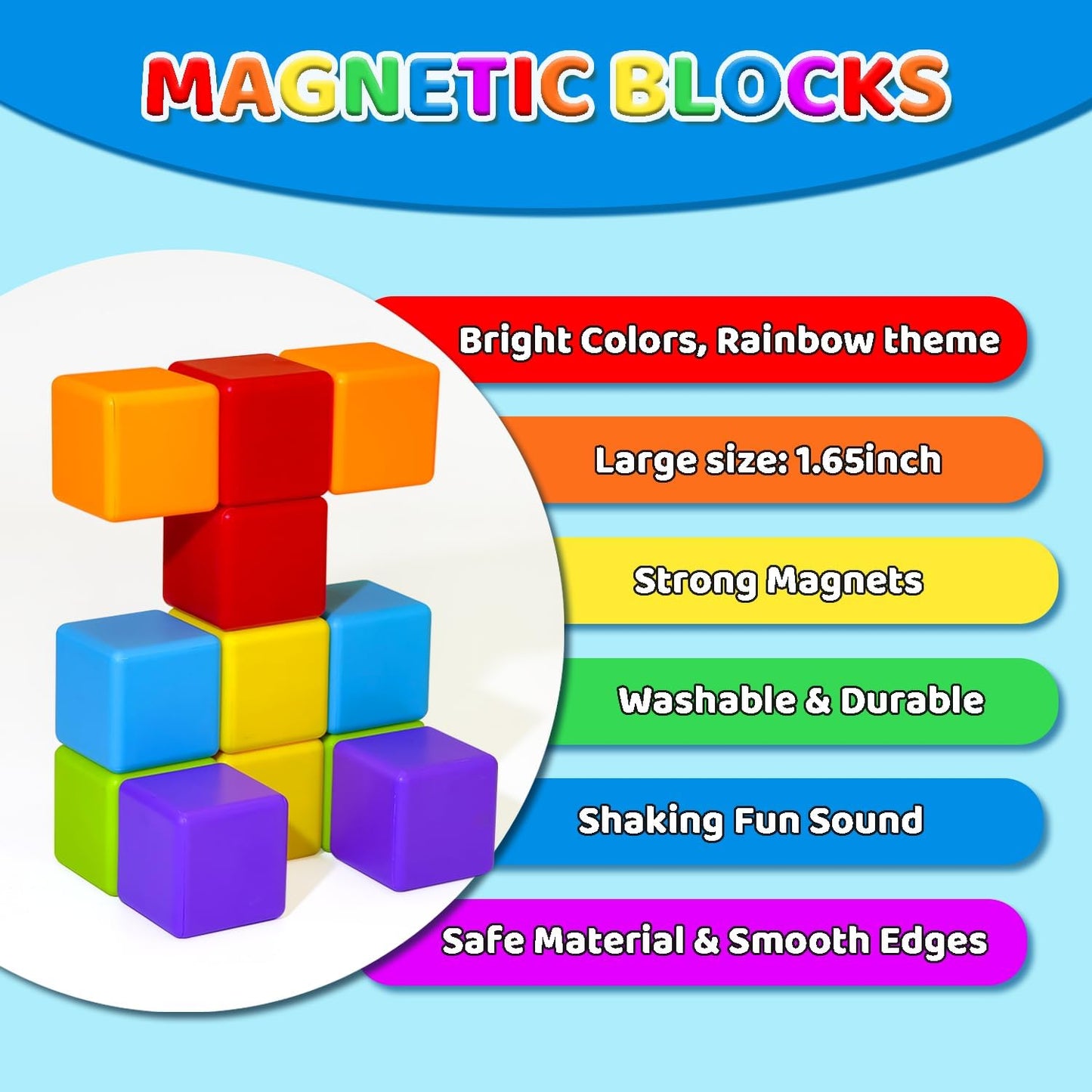 HotMagnetic Building Blocks Large, 1.65 inch Magnetic Stacking Cubes for Toddlers, Sensory & Montessori Toys for Boys & Girls 1 2 3 Years Old (12 PCS)