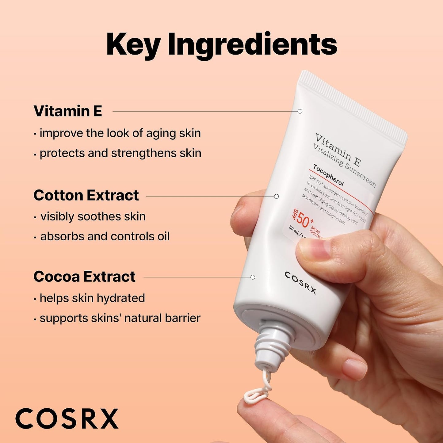 HotCOSRX Vitamin E Sunscreen for Oily Skin SPF 50, Natural Glow Face Sunscreen, Lightweight, Non-Sticky, No White Cast, Hydrating, Beach Essentials, Summer Travel Essentials, Korean Skincare,1.69 fl oz