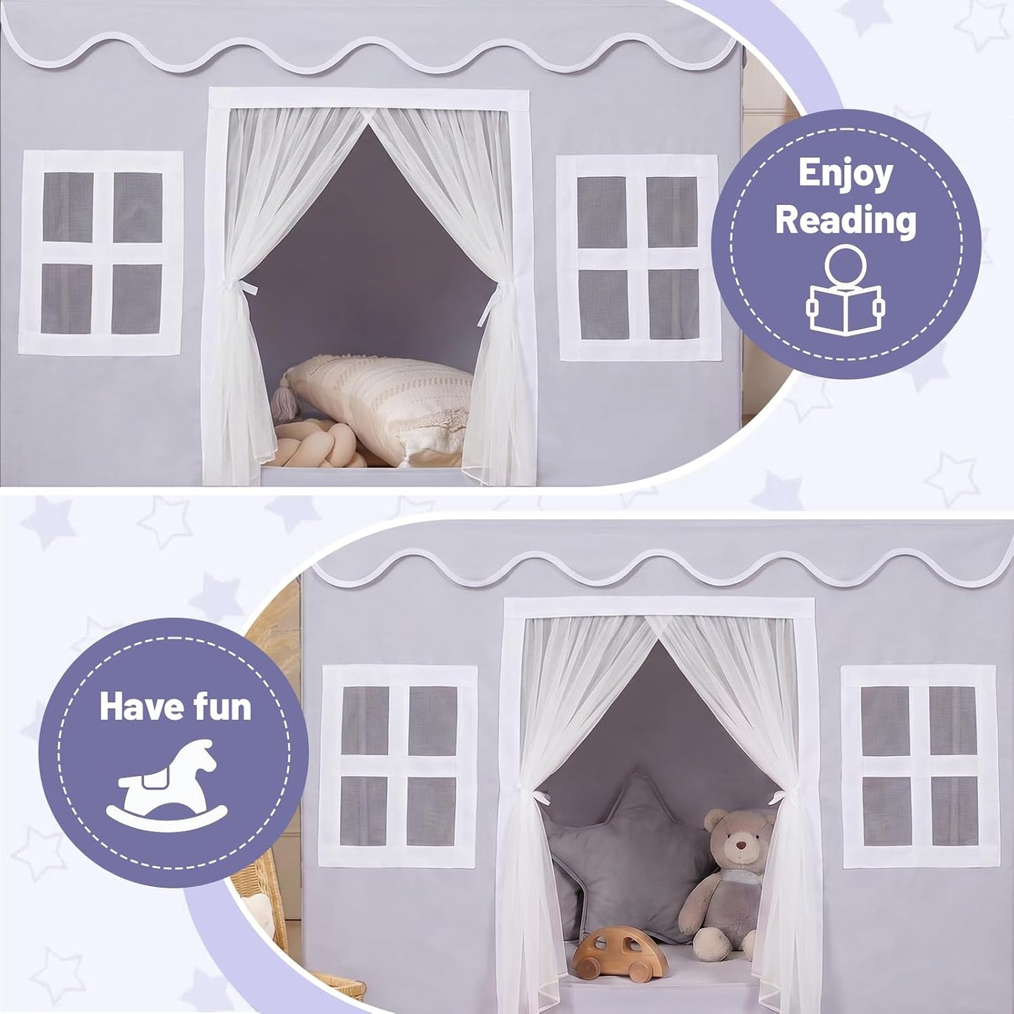 HotKids Play Tent Indoor: with Mat, Tassel Garland - Large Gray Kids Tent Indoor Playhouse for Kids Toys for Boy Girl Birthday Gift