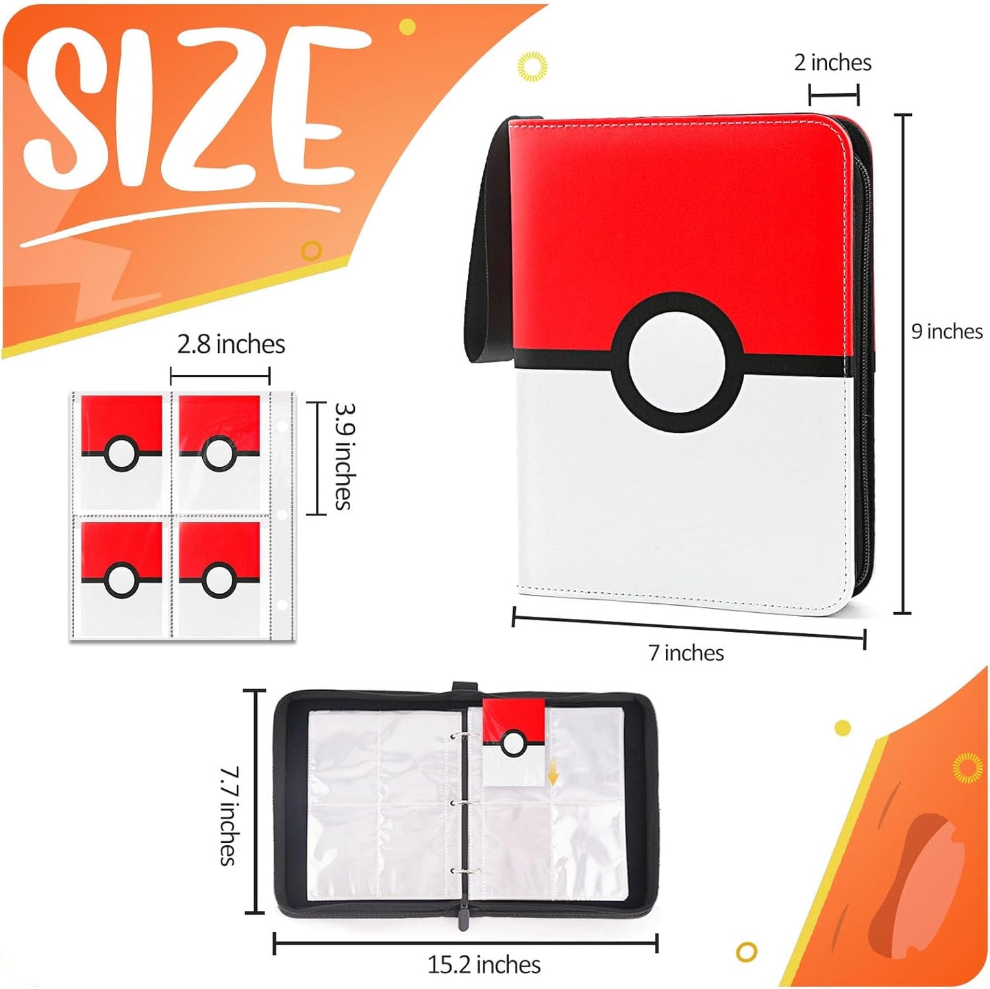 Hot Card Binder 4 Pocket, Trading Card Holder Fits 400 Cards With 50 Removable Sleeves, Portable Collection Card Ablum, Game Card Case book With Zipper for Gift, Red