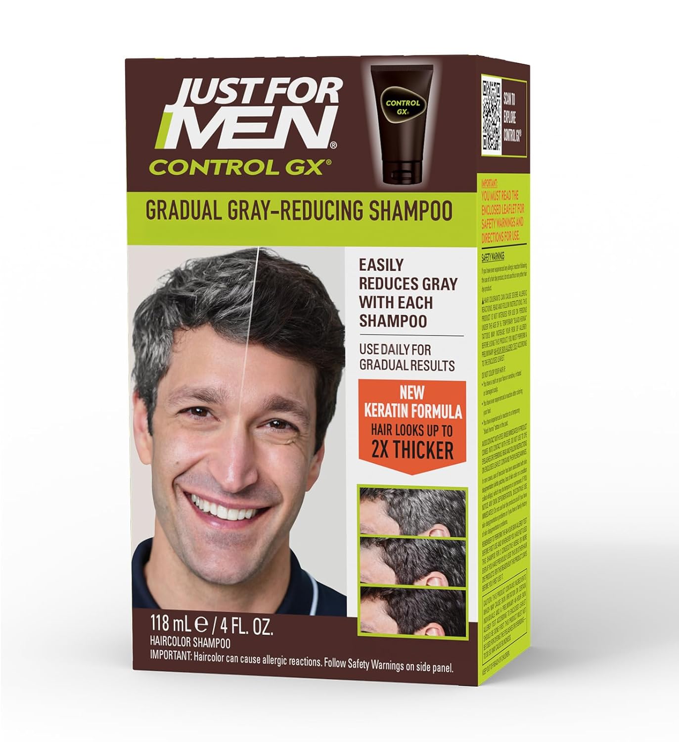 HotJust for Men Control GX Grey Reducing Shampoo, Gradual Hair Color with Keratin for Stronger Thicker and Healthier Looking Hair, 4 Fl Oz - Pack of 1