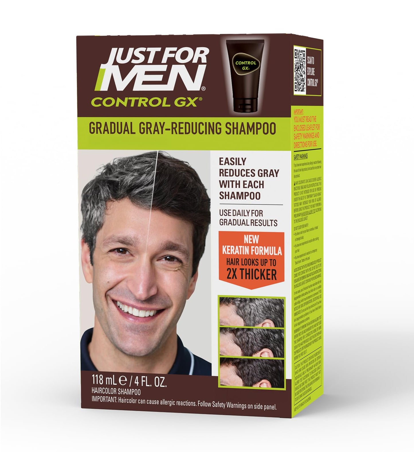 HotJust for Men Control GX Grey Reducing Shampoo, Gradual Hair Color with Keratin for Stronger Thicker and Healthier Looking Hair, 4 Fl Oz - Pack of 1