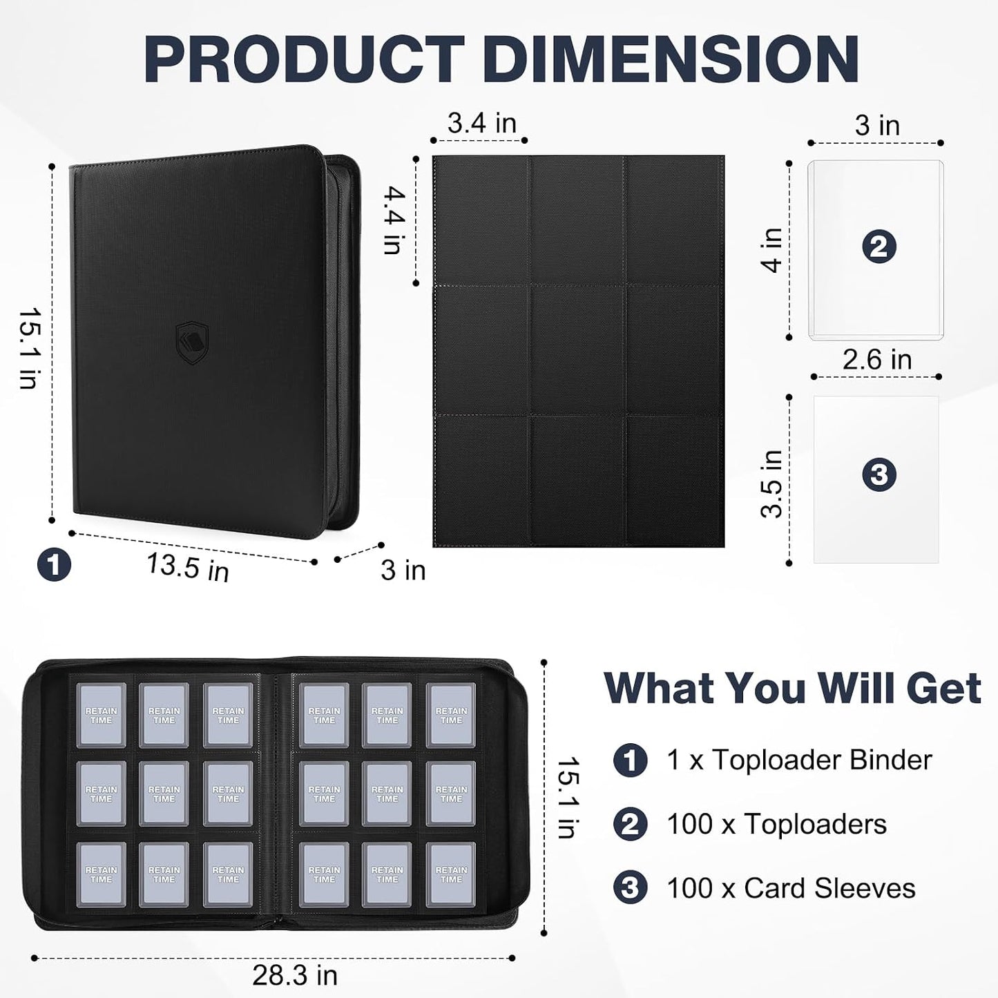 HotTop Loader Binder 9 Pocket, Holds 360 Toploaders, 100 Toploaders INCLUDED | Toploader Binder for 3" x 4" Rigid Toploaders, Trading Card Binder for TCG, MTG, Sport Cards, PU Leather Cover, Side Loading