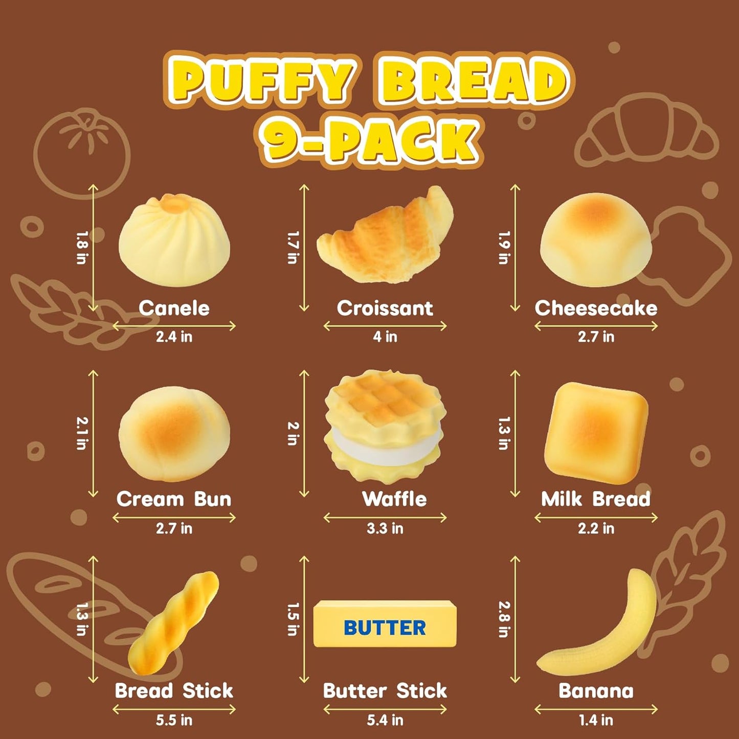 Hot 9 Pack Bread Slow Rising Squishy Set, Popular Food Butter Bread Cake and Banana Soft Low Rise Squishies, Sensory Fidget Toys for Anxiety Relief, Fun Stress Relief and Focus Gifts