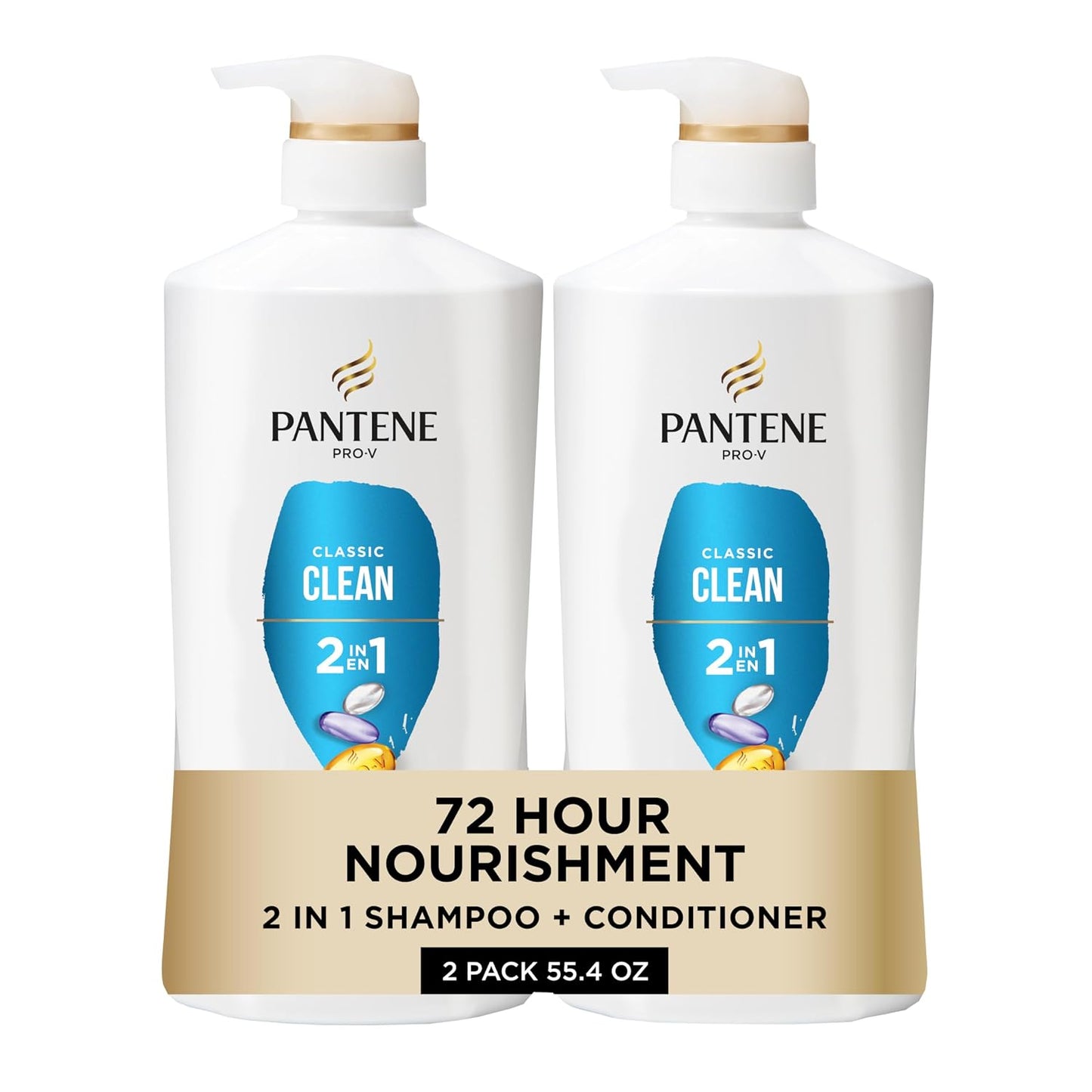 HotPantene 2-in-1 Shampoo & Conditioner, Classic Clean - Pro-V Nutrients for Dry, Color-Treated Hair, Healthy Looking Hair Every Wash, Antioxidant-Rich, 27.7 Oz Each, 2-Pack + Rescue Shot (0.5 Oz)