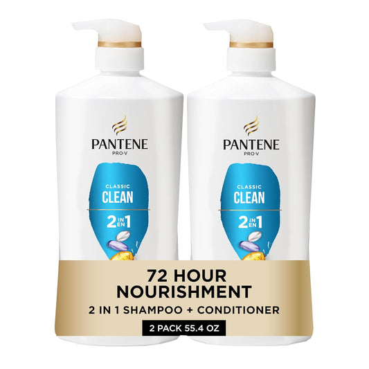 HotPantene 2-in-1 Shampoo & Conditioner, Classic Clean - Pro-V Nutrients for Dry, Color-Treated Hair, Healthy Looking Hair Every Wash, Antioxidant-Rich, 27.7 Oz Each, 2-Pack + Rescue Shot (0.5 Oz)