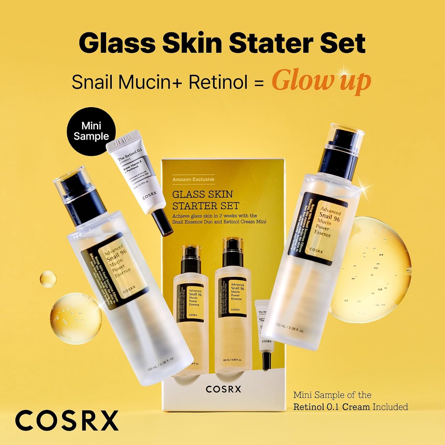 HotCOSRX Snail 96% Mucin Power Essence 2ea & Retinol 0.1% Cream Mini Sample 1ea, Glass Skin Starter Set, Amazon Exclusive, Daily Hydrating & Firming Korean Skin Care Kit, Gift Set