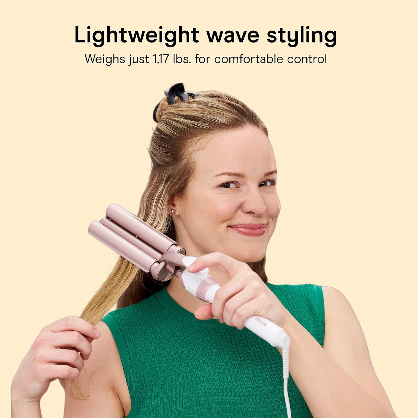 HotConair Curling Iron & Waver Hair Tool, Triple Barrel, White/Rose Gold | Double Ceramic Conair curling iron with 5/8" outer barrels, a 1/2" inner barrel, 30 heat settings, and auto-off function