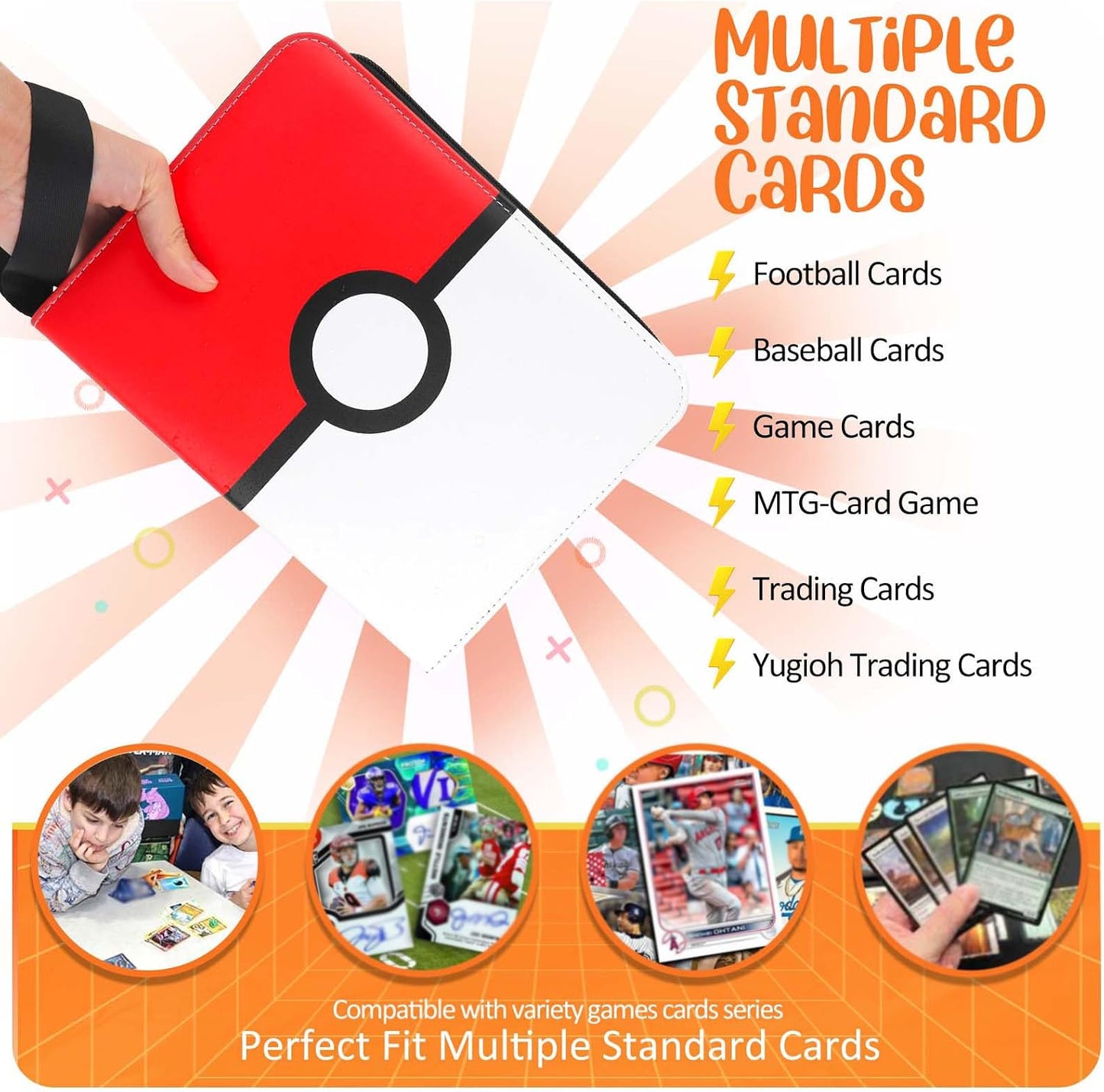 Hot Card Binder 4 Pocket, Trading Card Holder Fits 400 Cards With 50 Removable Sleeves, Portable Collection Card Ablum, Game Card Case book With Zipper for Gift, Red