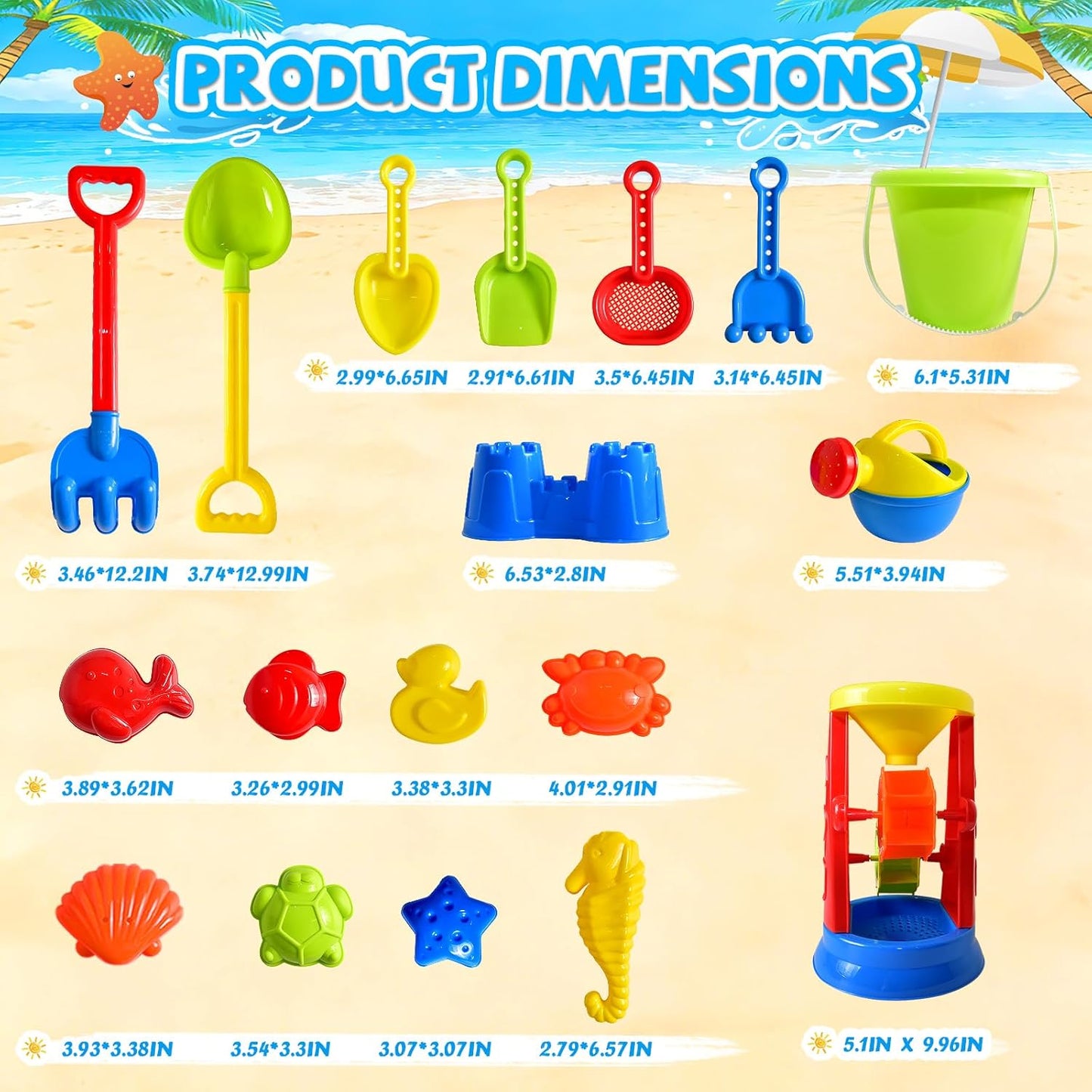 Hot Beach Toys, 19 Piece Sand Toys Set Kids Sandbox Toys Includes Water Wheel Beach Tool Kit Bucket Watering Can Molds with Mesh Bag for Kids Ages 3-13