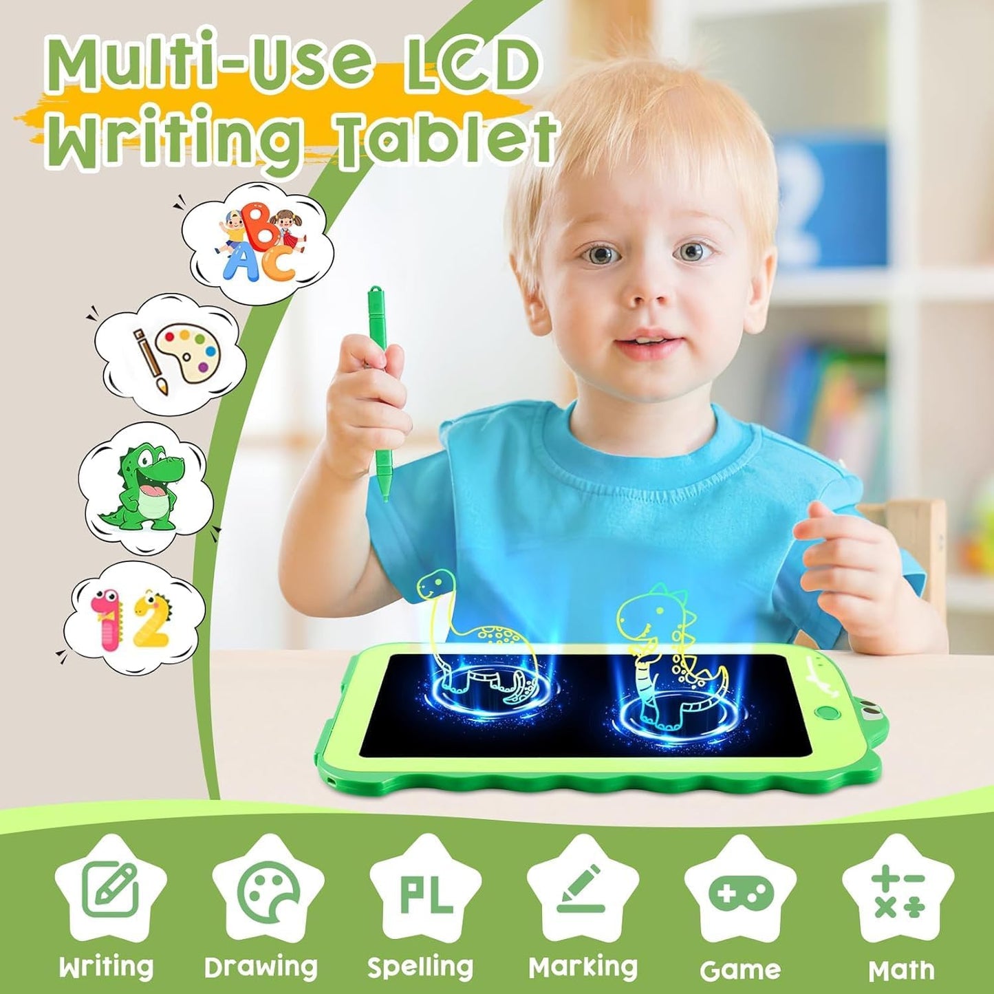 HotTeriph LCD Writing Tablet for Kids, Colorful Toddlers Toys Drawing Board, Educational Kid Toys, Doodle Pad Dinosaur Toy for 3 4 5 6 7 8 Year Old Boys Girls Birthday Party Xmas,8.5inch & Green