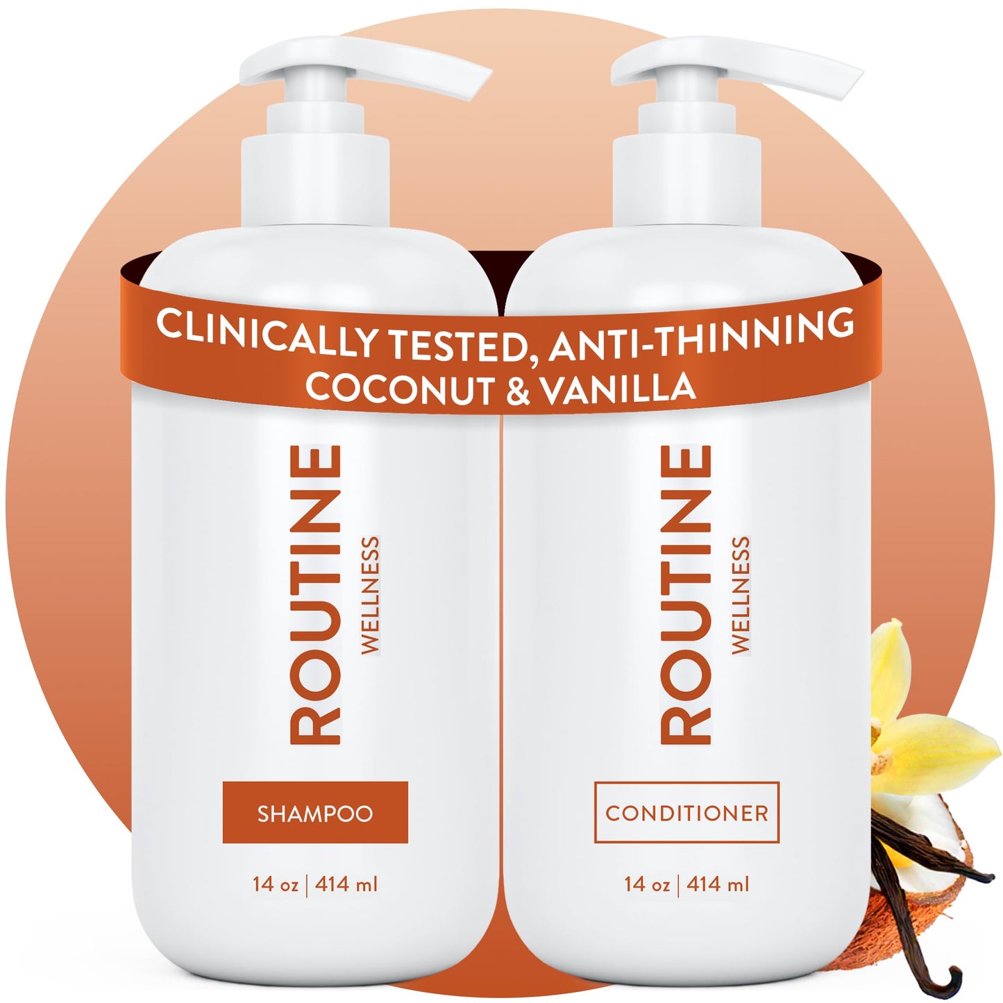 HotRoutine Wellness Anti-Thinning Shampoo & Conditioner - Coconut & Vanilla | Clinically tested shampoo for thinning hair with biotin, pea peptides, saw palmetto oil, color safe, sulfate free