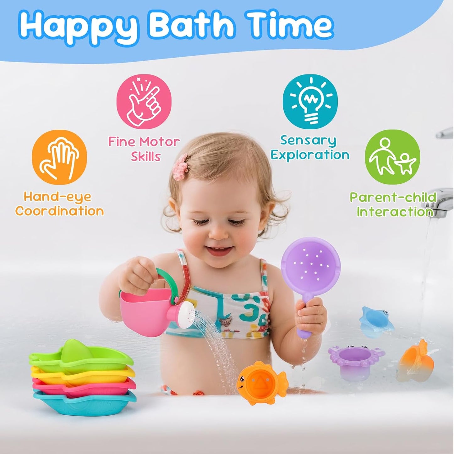 HotFajiabao Toddler Bath Toys for Kids Ages 1-3 Multi-Play in Tub Water Pool | Learning Mold Free Bath Toys with Color Stacking Cups & Watering Can Interactive Shower Toys for 1 2 3 4 5 6 Birthday Gifts
