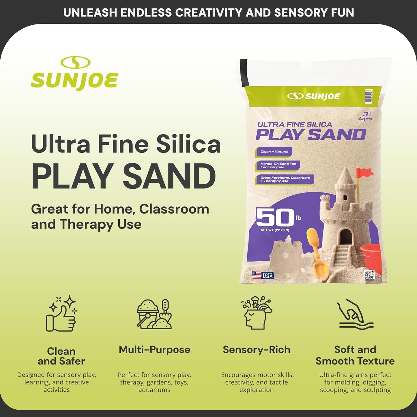 Hot Sun Joe Silica Play Sand for Sandbox, Sensory Table & Gardens, Ultra Fine, 50 Lb Bag - Indoor & Outdoor Craft Accessory for Molding, Digging & Sculpting, PLYSAND50