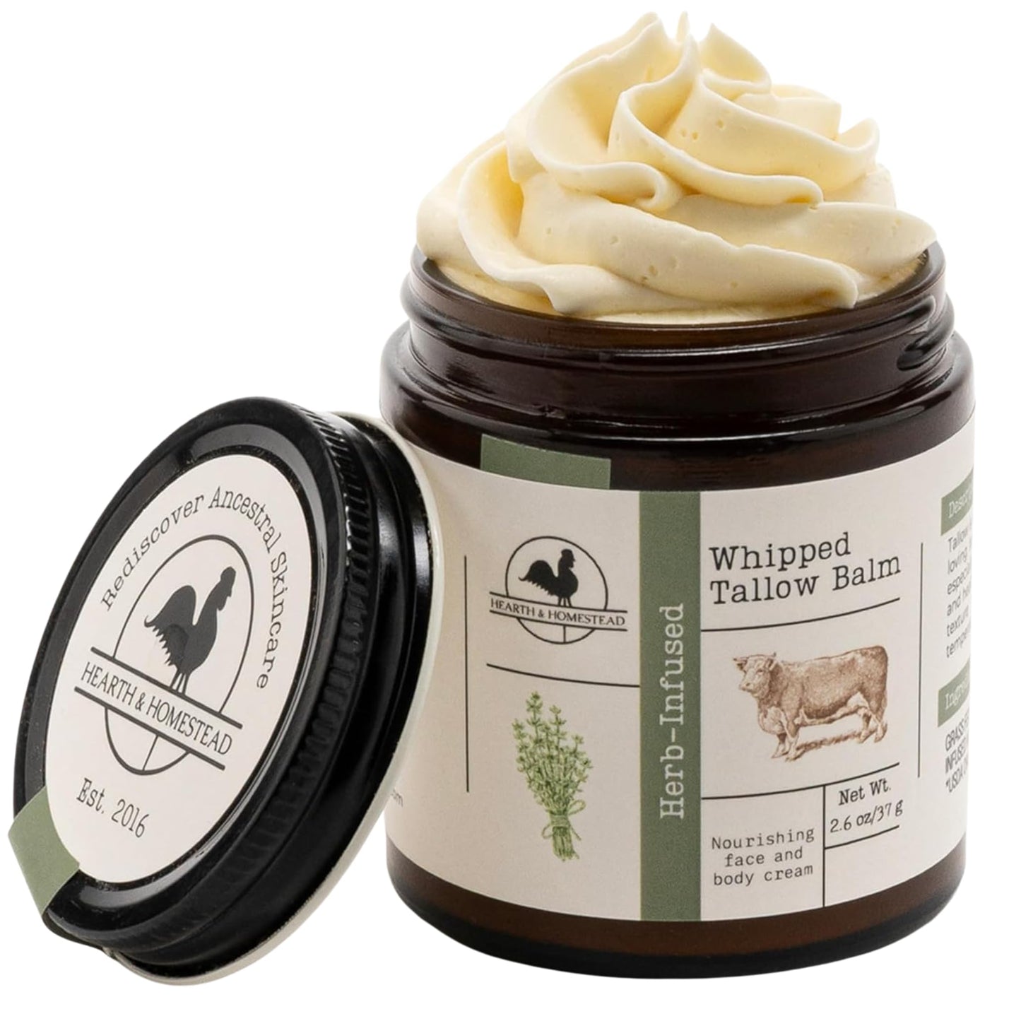 HotHearth & Homestead Whipped Beef Tallow for Skin & Face - 100% Grass Fed, Eczema Cream & Body Butter - Organic Olive Oil, Calendula & Rose - Lotion & Hand Moisturizer for Dry Skin, Unscented, 1.3oz