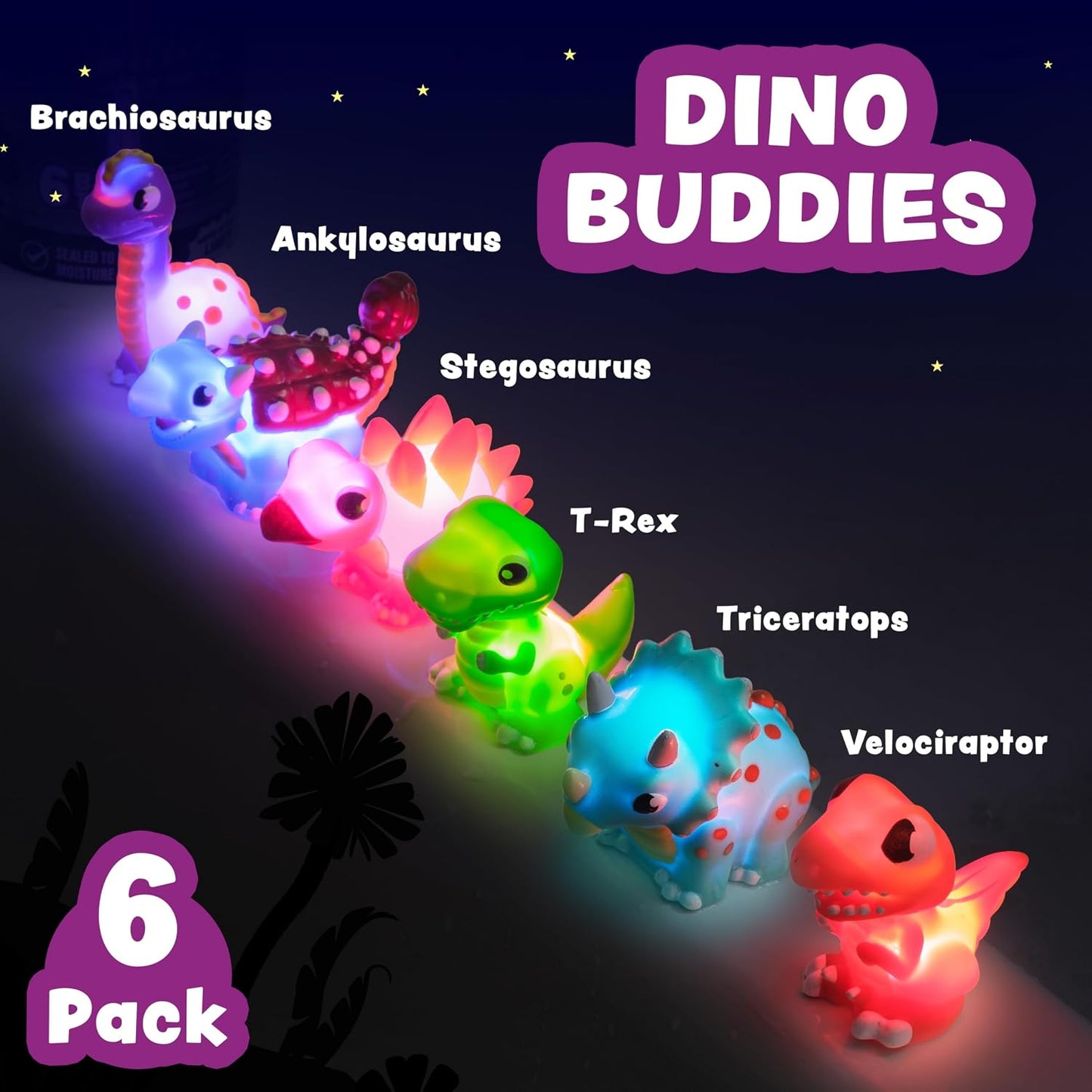 HotTub Works® Dinos™ Dinosaur Light Up Bath Toys, 6 Pack | Water-Activated Light Up Toys Flash & Change Color | Easy-Grip Baby & Toddler Bath Toys | Sensory Bath Lights Watertight Bathtub Toys