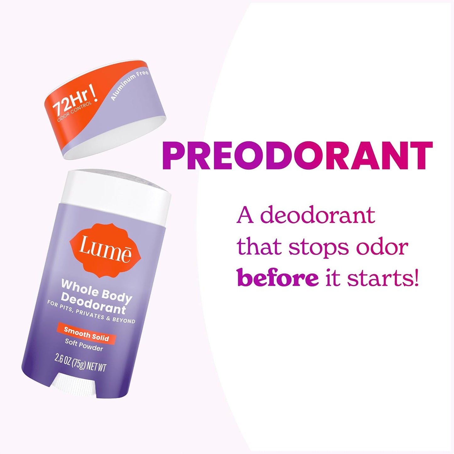 HotLume Whole Body Deodorant - Smooth Solid Stick - 72 Hour Odor Control - Aluminum Free, Baking Soda Free and Skin Safe - 2.6 Ounce (Pack of 2) (Soft Powder)