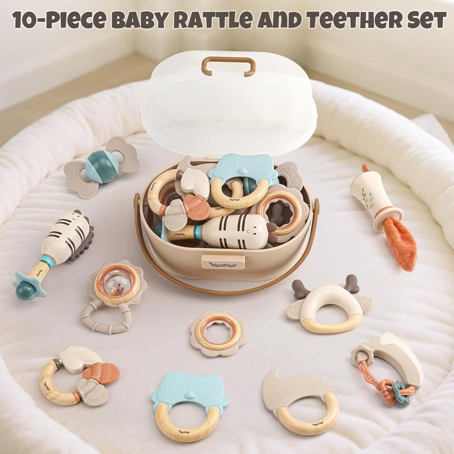 HotBaby Rattles & Teethers Set – Baby Toys 0-6 Months, Teething Toys 3-6 Months, Sensory Toys with Soft Textures, Gentle Sounds & Easy-Grip Shape, Neutral Newborn Gift（10-Pack）
