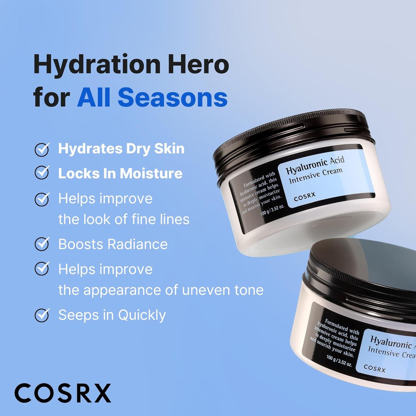 HotCOSRX Hyaluronic Acid Moisturizing Cream, Lightweight, Non-Greasy, Long-lasting Hydration for Glass Skin, Daily Moisturizer for Sensitive Skin, Moisture Barrier Repair, Korean Skin Care, 3.52 oz
