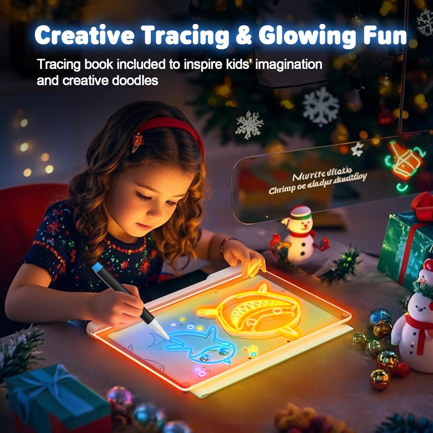HotGeokay 16" Rechargeable LED Drawing Board, 9-Color Light Modes, Neon Art Dry Erase Light Up Doodle Glow Pad with Built-in Stand, Sketching Gift Toy for Kids/Girls/Teens, 7 Markers & Tracing Book