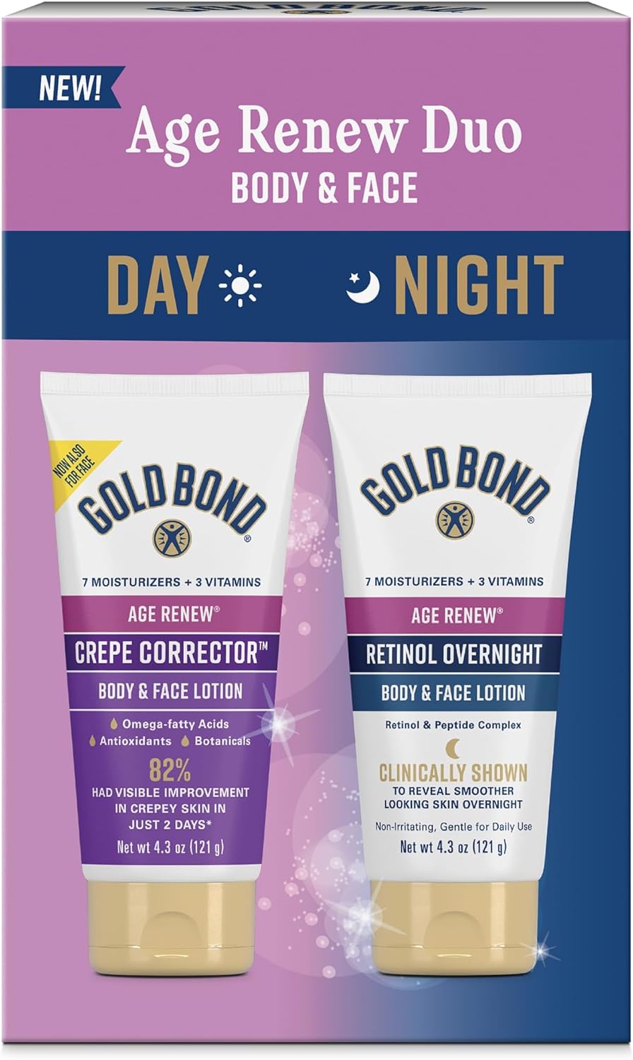 HotGold Bond Age Renew Day & Night Duo Lotion Set for Body & Face, Crepe Corrector & Retinol Overnight Lotion Visibly Firms Skin & Visibly Smooths Skin, 8.6 oz