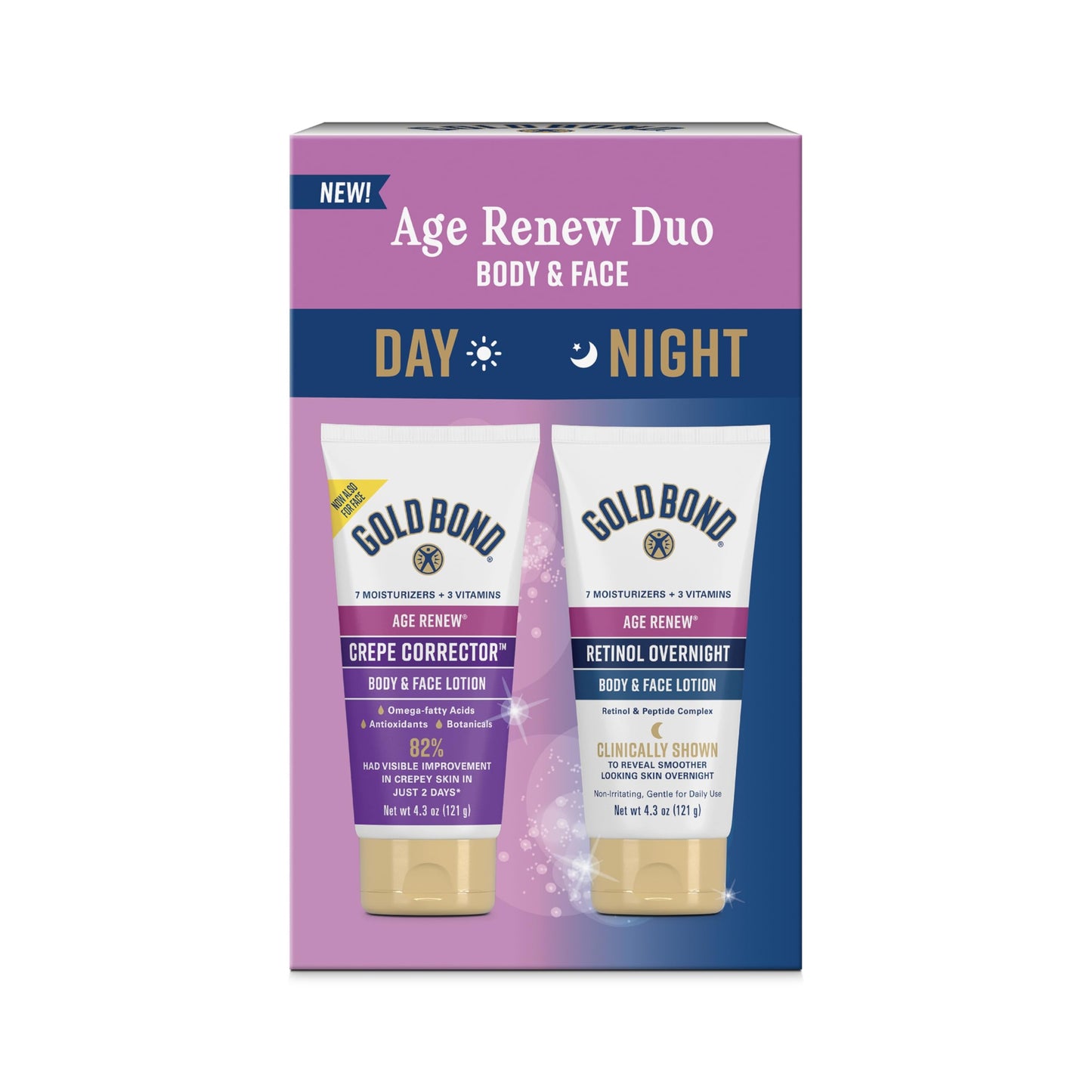 HotGold Bond Age Renew Day & Night Duo Lotion Set for Body & Face, Crepe Corrector & Retinol Overnight Lotion Visibly Firms Skin & Visibly Smooths Skin, 8.6 oz