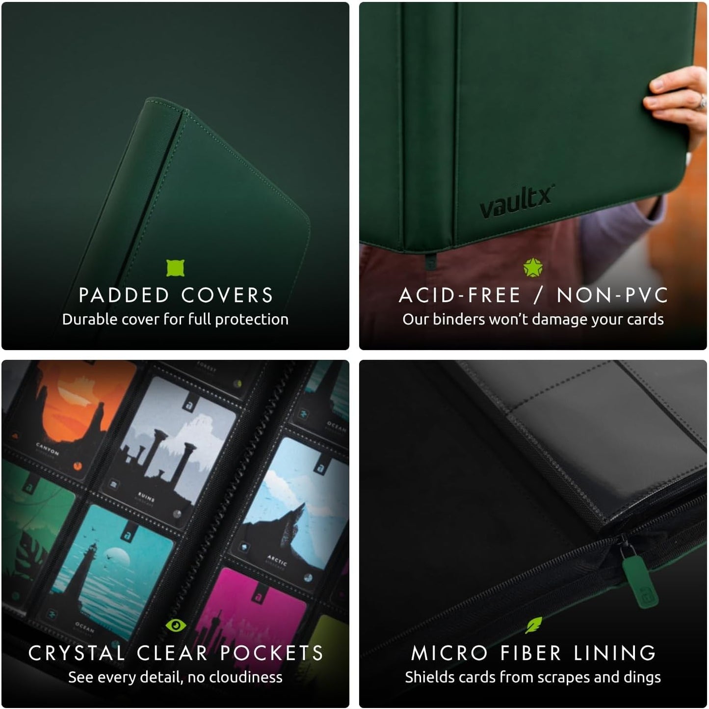 Hot Vault X 9 Pocket Zip Trading Card Binder 360 Cards Exo-Tec (Green) | Holds 360 standard-size TCG cards in 20 side-loading 9-pocket pages. Padded, water-resistant Exo-Tec cover.