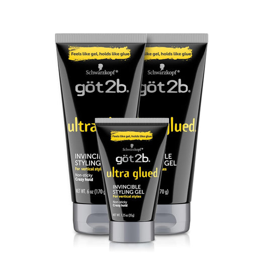 Hotgot2b Ultra Glued Invincible Styling Gel Set, 6 Fl Oz (2-Tube) + 1.25 Fl Oz Travel Size, Hair Gel for Men and Women with Extra Strong Hold, Non-Sticky, No-Flake Formula for Vertical Styles
