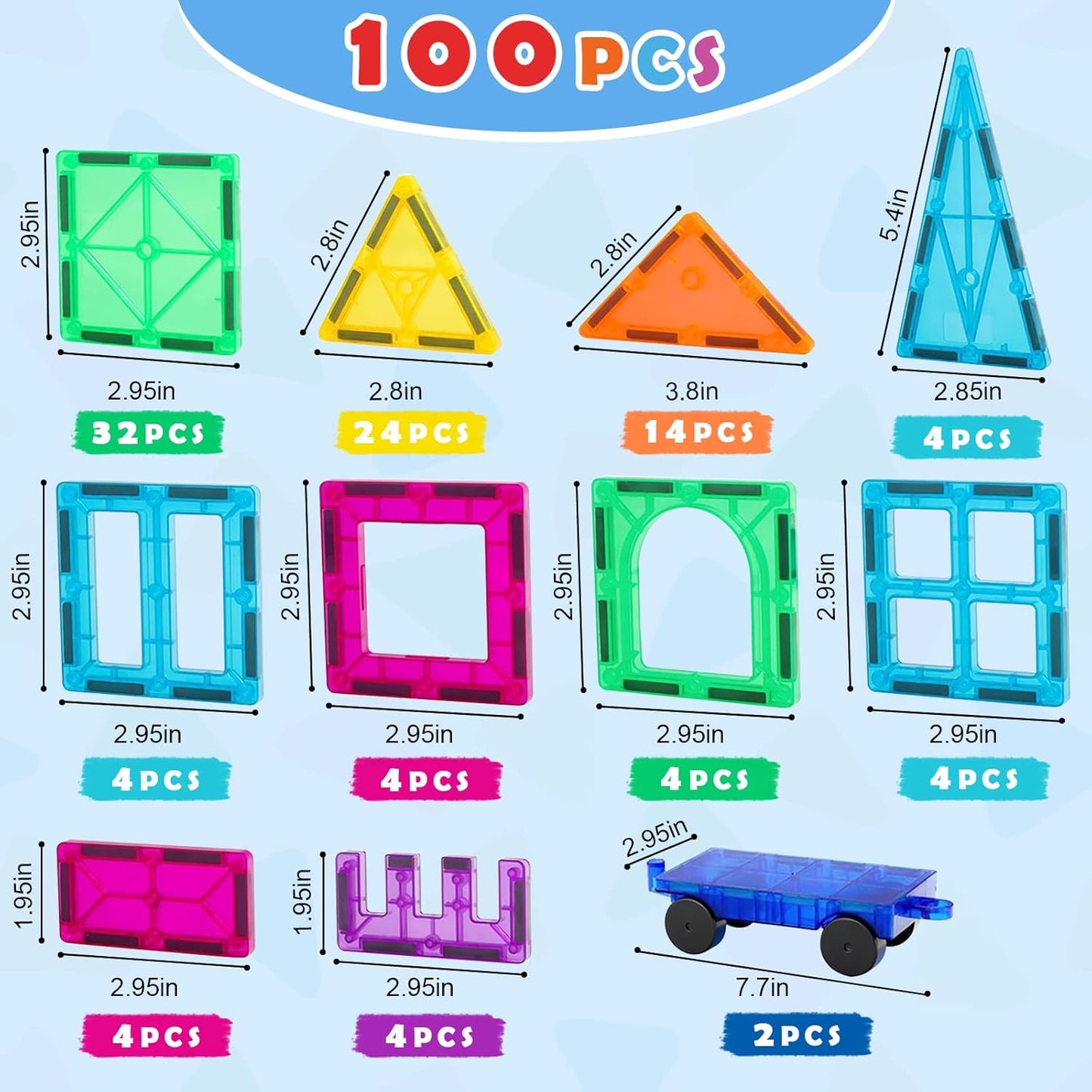 Hot Gemmicc 100 PCS Magnetic Tiles with 2 Cars, STEM Approved Educational Magnet BuildingToys, Magnet Puzzles Stacking Blocks for Boys Girls