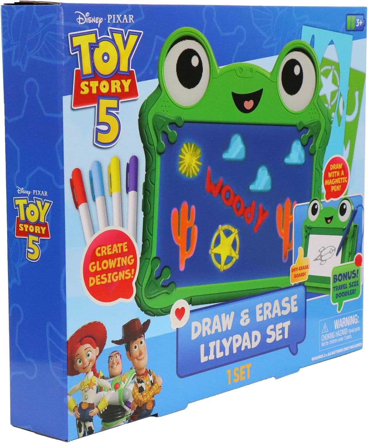 HotDisney Pixar Toy Story 5 Draw & Erase Lilypad Set, Frog Glow Board & Pen | 8.5-in Light-up Drawing Pad with 4 Dry Erase Markers, 2 Stencils, Wipe-off Cloth, and Travel Magnetic Doodle Board
