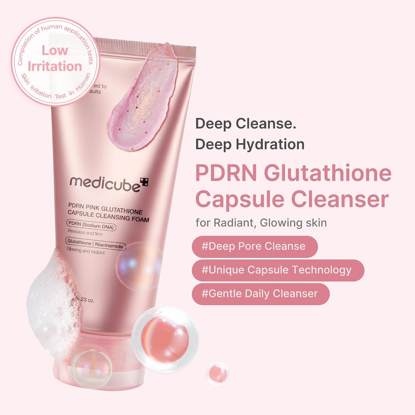 Hotmedicube Facial Cleanser PDRN Pink Glutathione Capsule Foam Cleanser | Daily Facial Cleanser for Pores - Uneven Skin Tone & Texture, Hydrating & Non-Stripping Face Wash, Korean Skincare, 4.23 oz