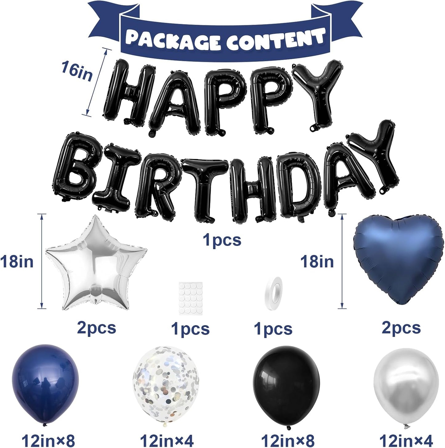 HotNavy Blue and Black Birthday Decorations for Men,Blue Black White Balloons Happy Birthdays Balloon Banner Silver Confetti Balloons for Men Boy Girls Women Adults Birthday Party Decorations