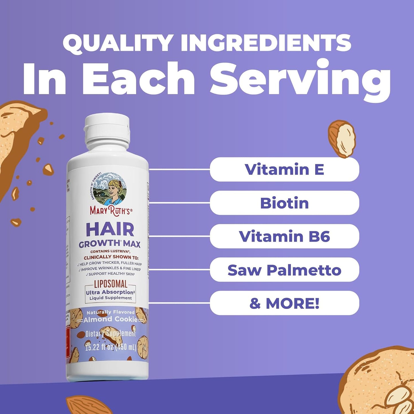 HotMaryRuth's Hair Growth Max Liposomal for Women | Lustriva® + Biotin 10000mcg + Pumpkin Seed Oil | Thicker Hair | Hair Care | Wrinkles, Fine Lines, Skin Care | Ages 18+ | CLP Certified | 15.22 Fl Oz