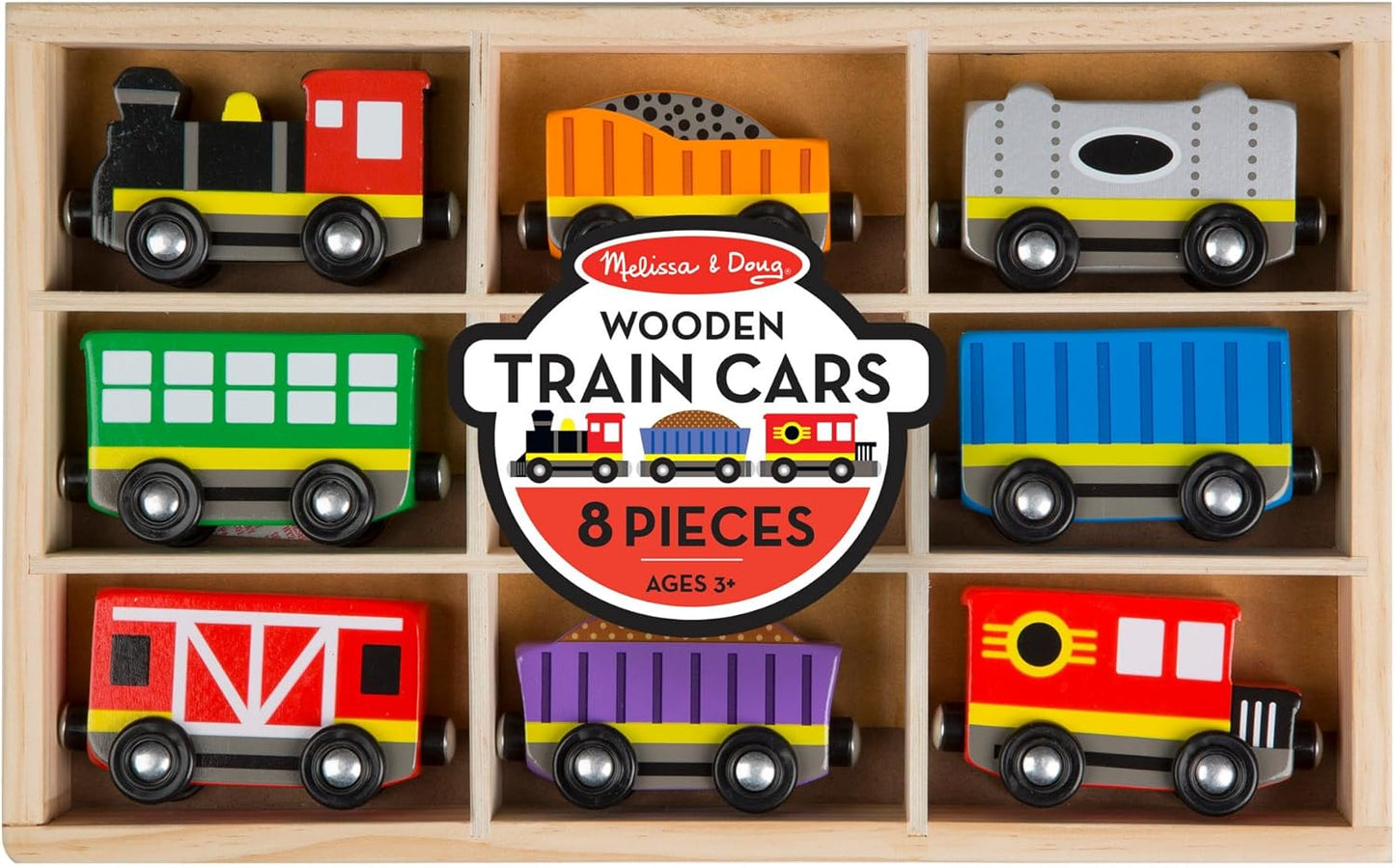 HotMelissa & Doug Wooden Train Cars, 8-Piece Magnetic Train Set with Toy Storage Tray, Steam Engine, Caboose, Coal & Passenger Cars, Montessori-Inspired Pretend Play Toys for Kids Ages 3+