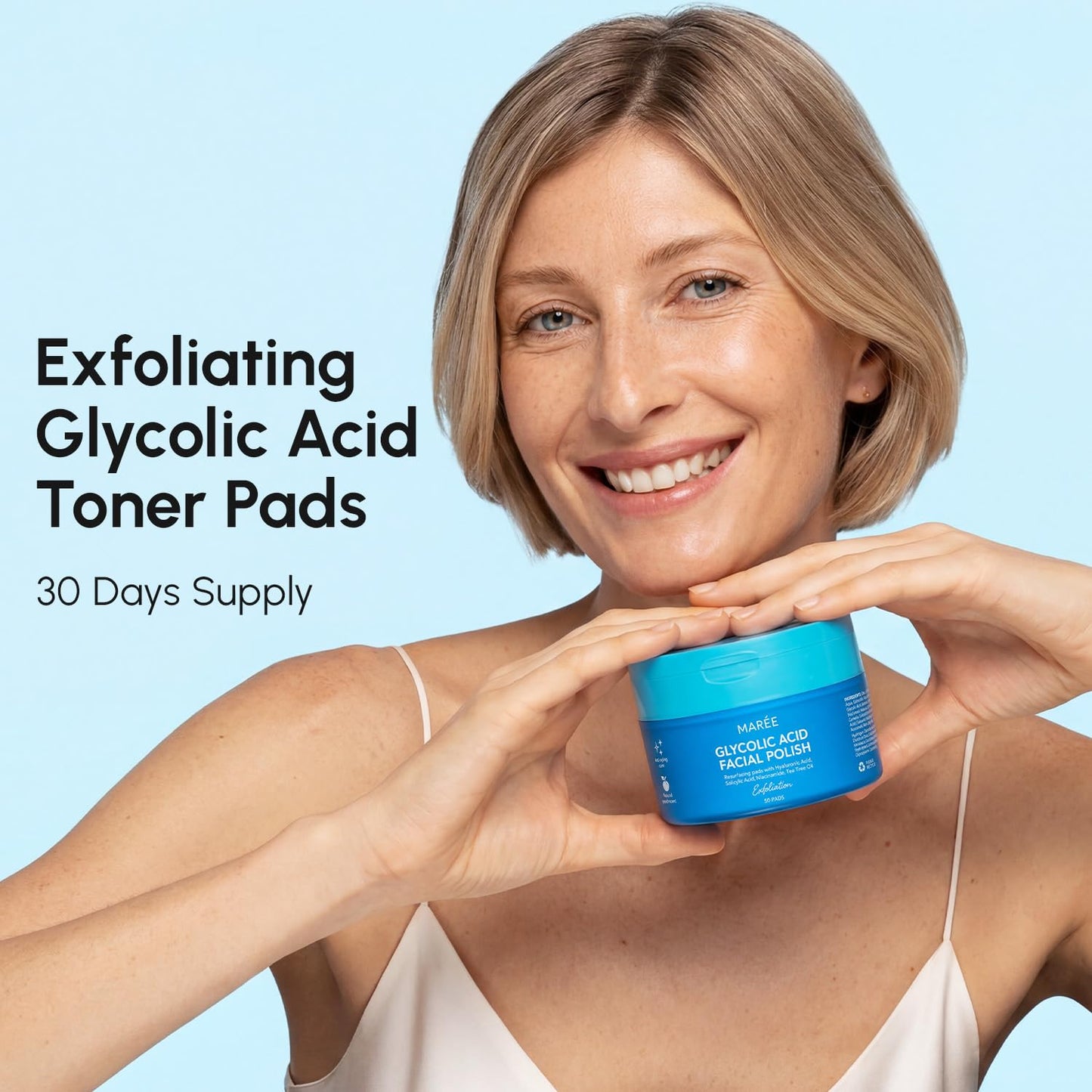 HotMAREE Glycolic Acid Pads - Toner Pads for Face Cleansing - Exfoliating Pad with Tea Tree Oil, Salicylic Acid & Vitamins E, B3, B5 - Facial Polishes & Peels, Skin Pore Resurfacing & Radiance - 50 Count