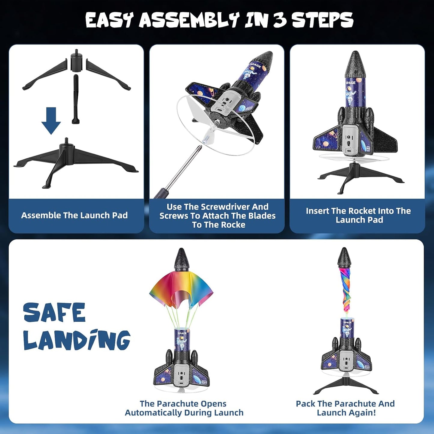 Hot VisionX Rocket Launcher for Kids, 2nd Gen Improved Design, Launch Up to 200ft, Auto-Launch Rocket Toy with Parachute, Outdoor Toys for Ages 5-13, for Boys & Girls, Black
