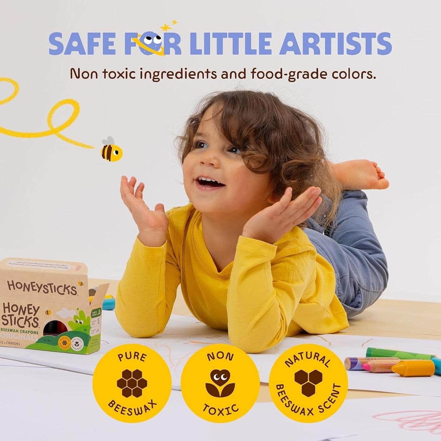 HotHoneysticks 100% Pure Beeswax Crayons (12 Pack) - Non Toxic Crayons for Toddlers 1-3, Safe for Baby from 1 Year Old Plus, Handmade with Natural Beeswax and Food-Grade Colors, Eco Friendly
