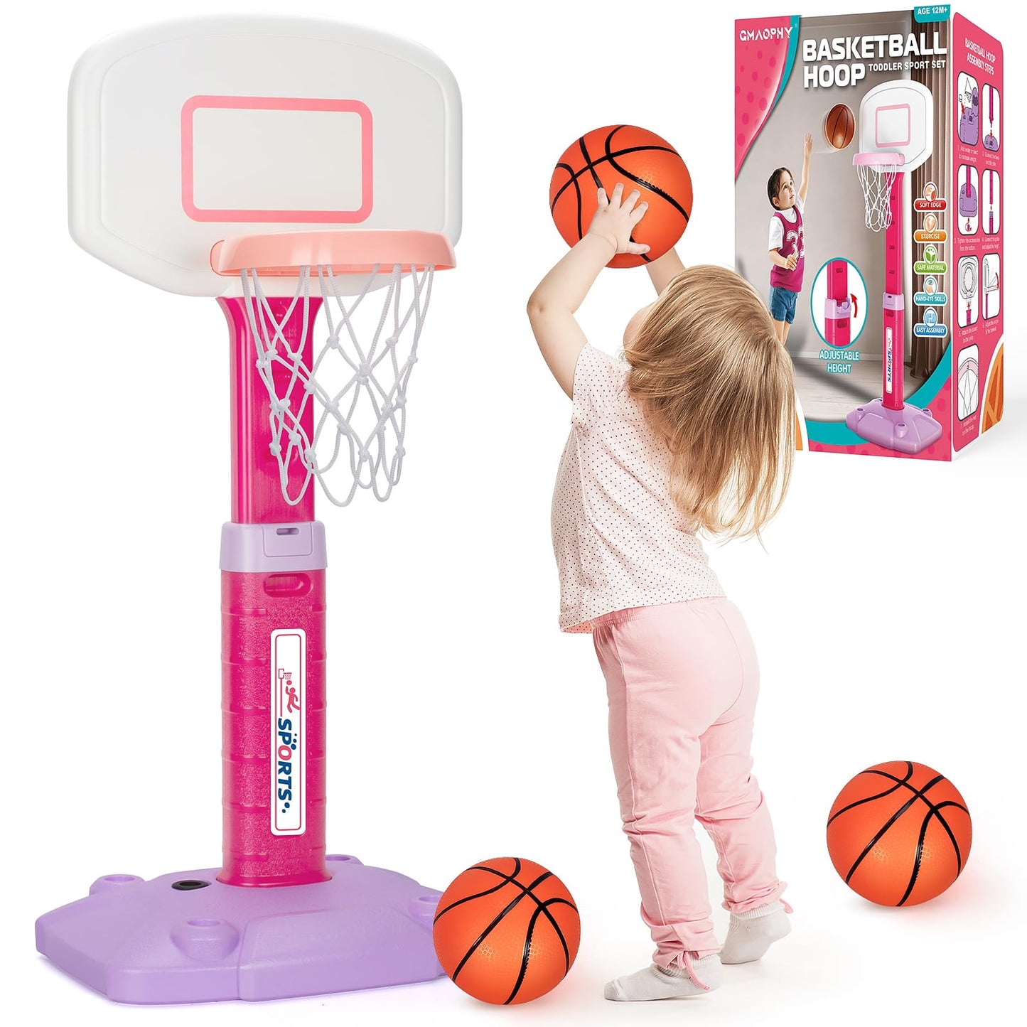 HotToddler Basketball Hoop Indoor for Age 1-3, Adjustable Kids Basketball Hoops, Mini Basketball Hoop with 3 Balls for Outdoor Poolside, Birthday Christmas Sport Toys Gift for Baby Boys Girls Age 1 2 3 4