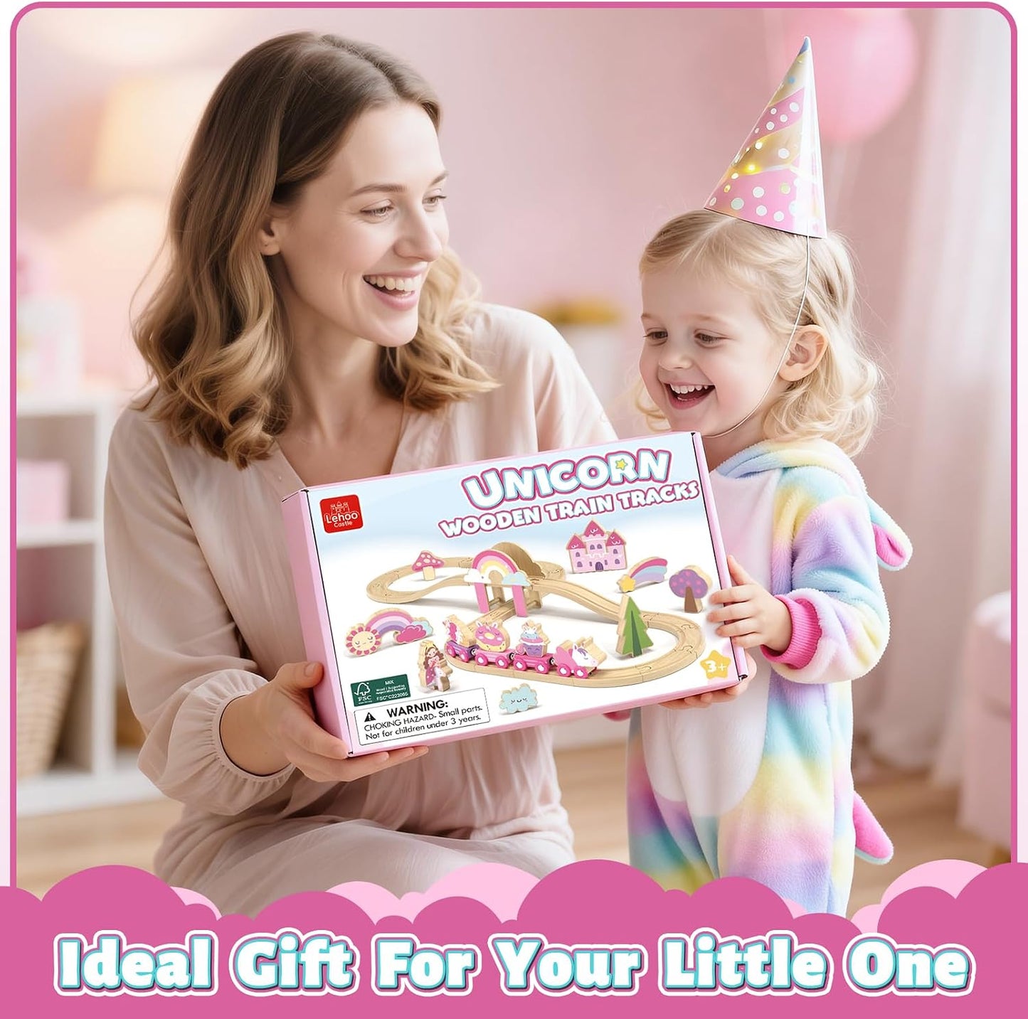 HotLehoo Castle Wooden Train Set for Girls, Pink Unicorn Train Set | Princess and Castle Pieces for Imaginative Play, Compatible with Most Wooden Train Tracks, Birthday Gift for Girls Ages 3-7