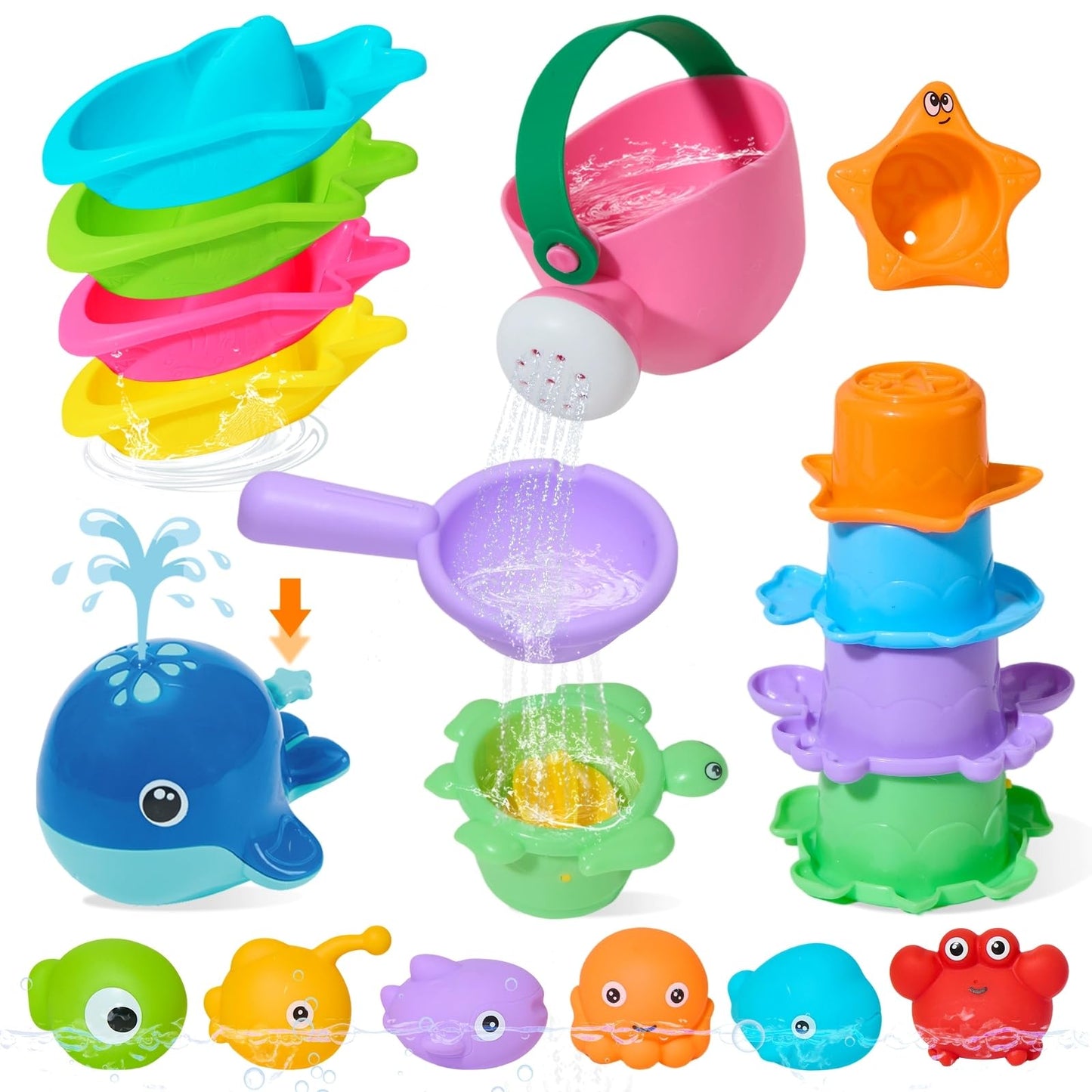 HotMold Free Bath Toys, 11PCS | Safe Easy Clean & Fun Floating Boats & Spoon & Watering Can and Whale Bath Toy for Babies 12+ Months | Colorful Bathtub Pool Water Table Sand Toys for Babies and Toddlers