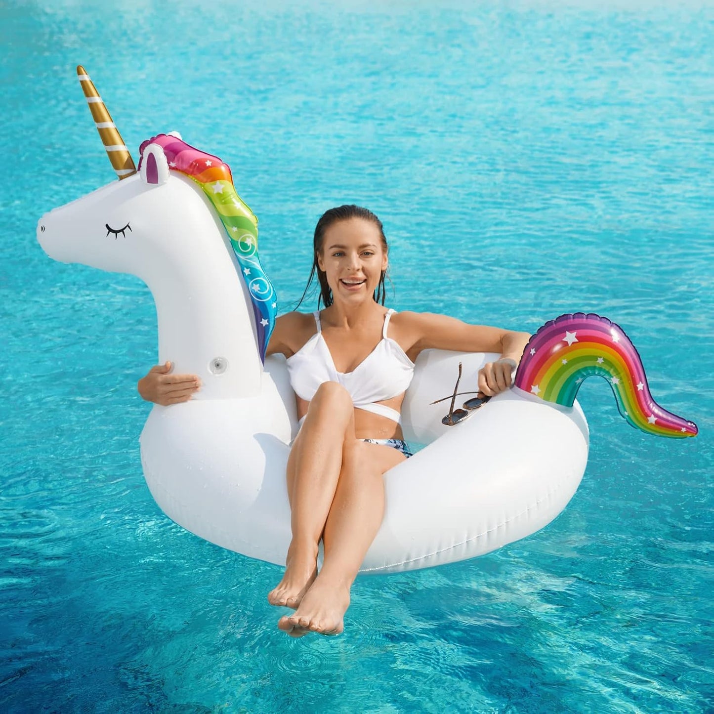 HotJasonwell 2 Pack Unicorn Flamingo Pool Floaties - Inflatables Rafts for Swimming, Lake, Beach - Floaty Swim Rings for Adults, Kids
