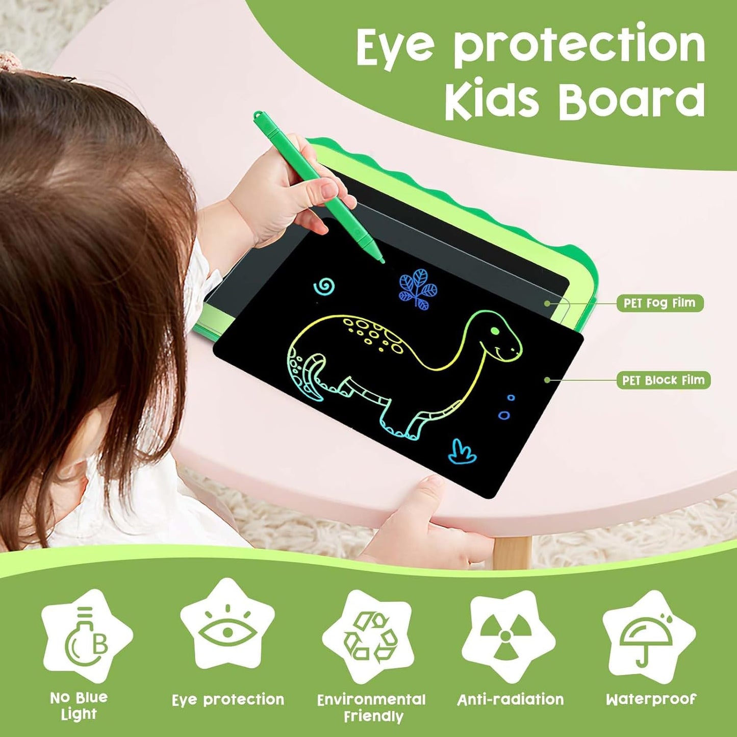 HotTeriph LCD Writing Tablet for Kids, Colorful Toddlers Toys Drawing Board, Educational Kid Toys, Doodle Pad Dinosaur Toy for 3 4 5 6 7 8 Year Old Boys Girls Birthday Party Xmas,8.5inch & Green
