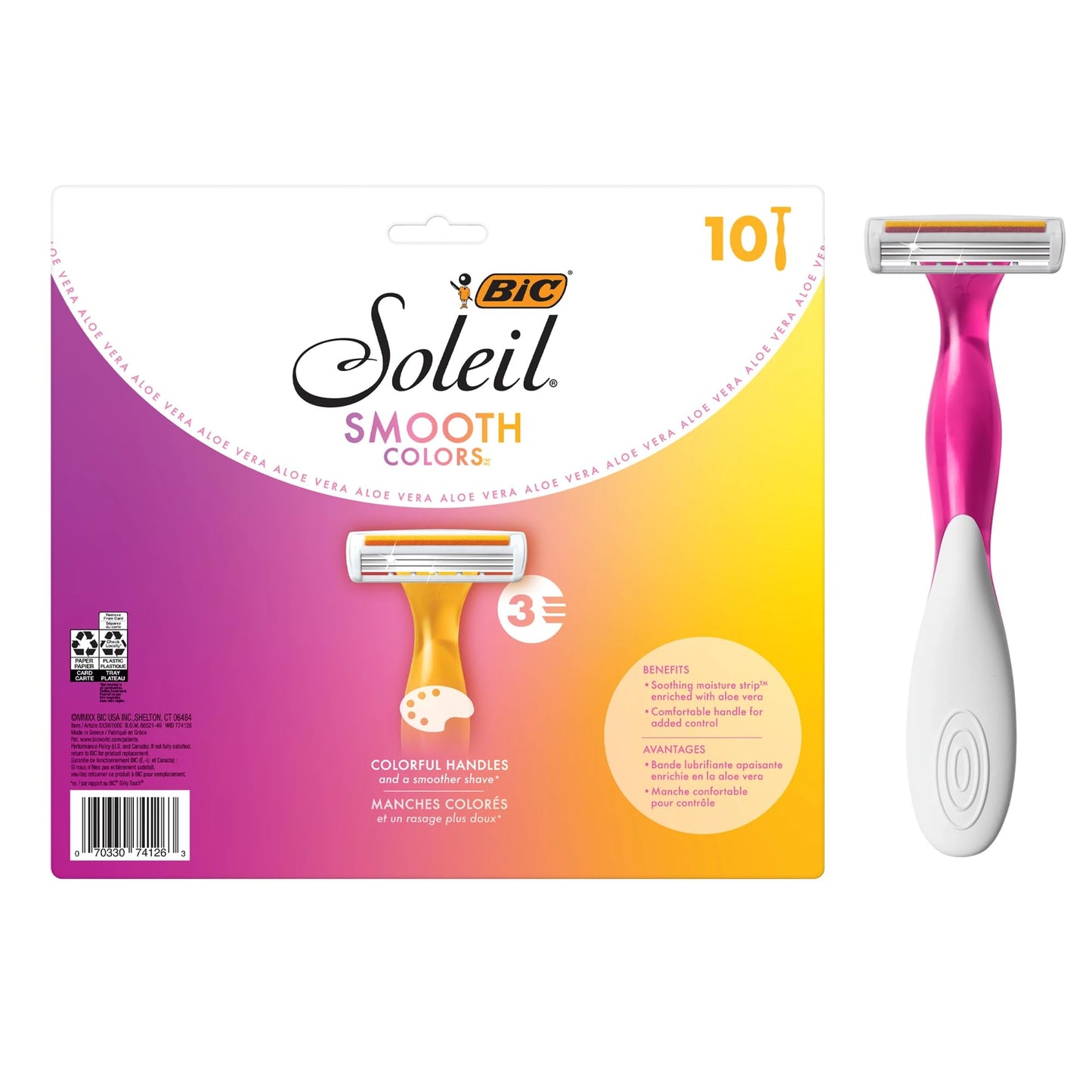 HotBIC Soleil 3 Colors Women's Disposable 3-Blade Razors, Aloe Vera Strip, College Dorm Room Essential, Shower Caddy and Toiletry Bag Ready, 14-Pack